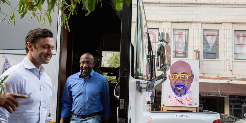 U.S. Senator Raphael Warnock makes a campaign stop in Macon, Ga., one day before the state's midterm election on November 7, 2022. Joined by fellow U.S. Senator Jon Ossoff, Warnock spoke to a crowd of national press and about 20 attendees: "The two most junior senators in the Senate, but I think we've done the work for the people of Georgia, and I'm ready to do it for six more years."