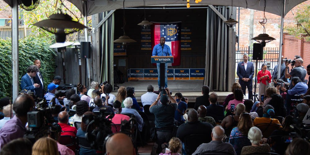 U.S. Senator Raphael Warnock makes a campaign stop in Macon, Ga., one day before the state's midterm election on November 7, 2022. Joined by fellow U.S. Senator Jon Ossoff, Warnock spoke to a crowd of national press and about 20 attendees: "The two most junior senators in the Senate, but I think we've done the work for the people of Georgia, and I'm ready to do it for six more years."