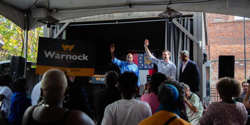 U.S. Senator Raphael Warnock makes a campaign stop in Macon, Ga., one day before the state's midterm election on November 7, 2022. Joined by fellow U.S. Senator Jon Ossoff, Warnock spoke to a crowd of national press and about 20 attendees: "The two most junior senators in the Senate, but I think we've done the work for the people of Georgia, and I'm ready to do it for six more years."