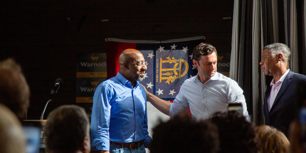 U.S. Senator Raphael Warnock makes a campaign stop in Macon, Ga., one day before the state's midterm election on November 7, 2022. Joined by fellow U.S. Senator Jon Ossoff, Warnock spoke to a crowd of national press and about 20 attendees: "The two most junior senators in the Senate, but I think we've done the work for the people of Georgia, and I'm ready to do it for six more years."