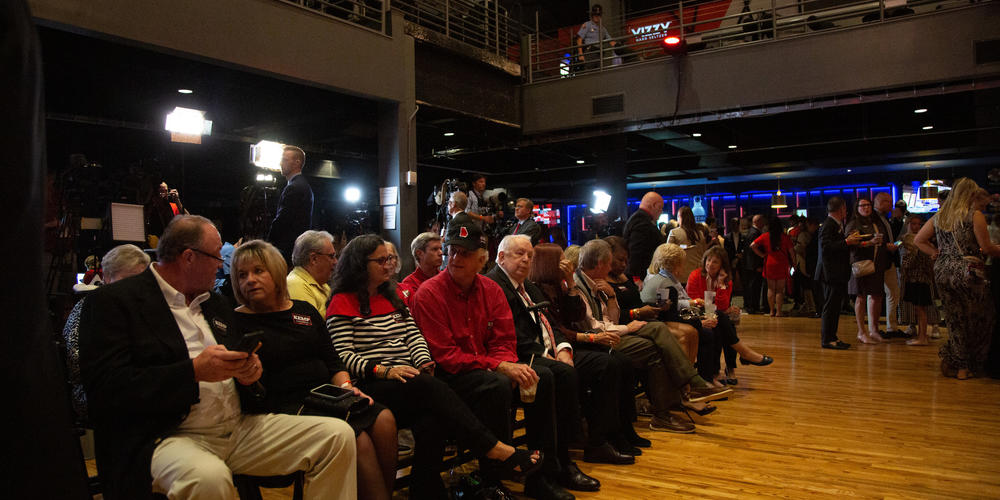 People gather at the campaign party for Georgia Gov. Brian Kemp on Nov. 8, 2022, at the Coca-Cola Roxy in Cobb County. Kemp is running for the second time against Democrat Stacey Abrams.