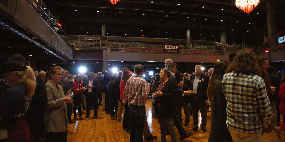 People gather at the campaign party for Georgia Gov. Brian Kemp on Nov. 8, 2022, at the Coca-Cola Roxy in Cobb County. Kemp is running for the second time against Democrat Stacey Abrams.
