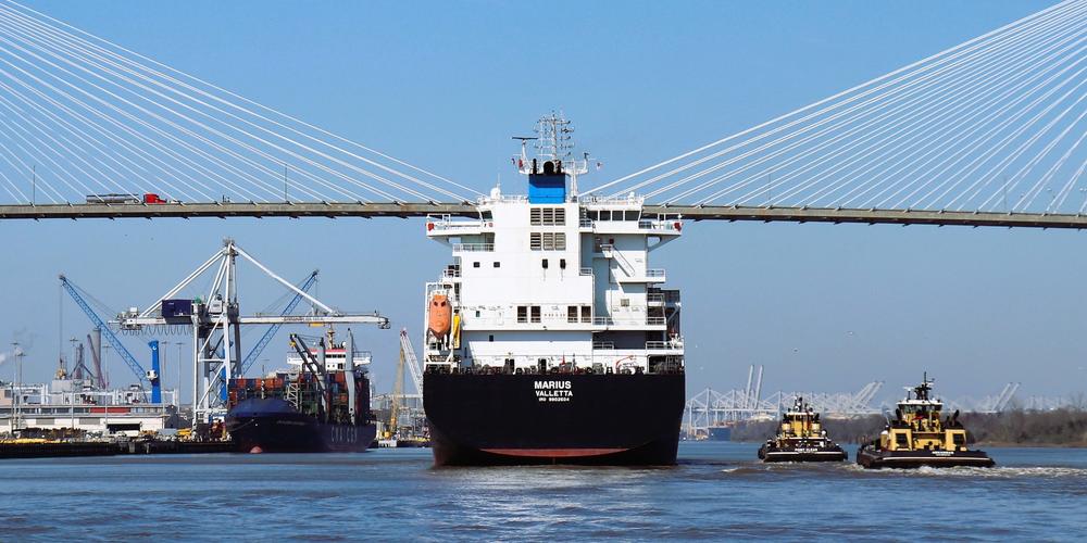 The container ship Marius sails toward the Talmadge Memorial Bridge en route to the Port of Savannah's Ocean Terminal.