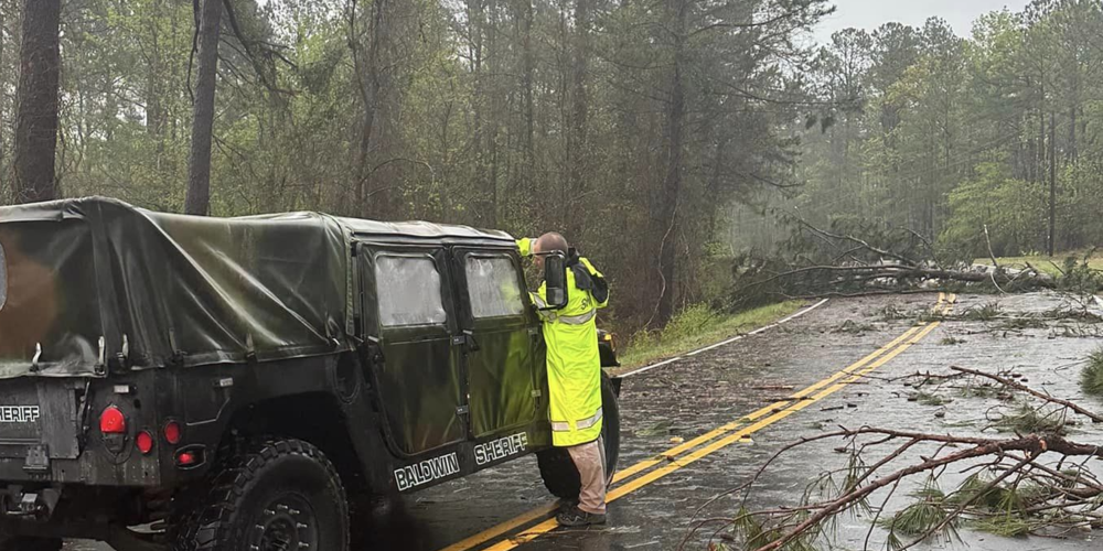 The Baldwin County Sheriff's Office responds to downed trees and power lines on March 26, 2023.