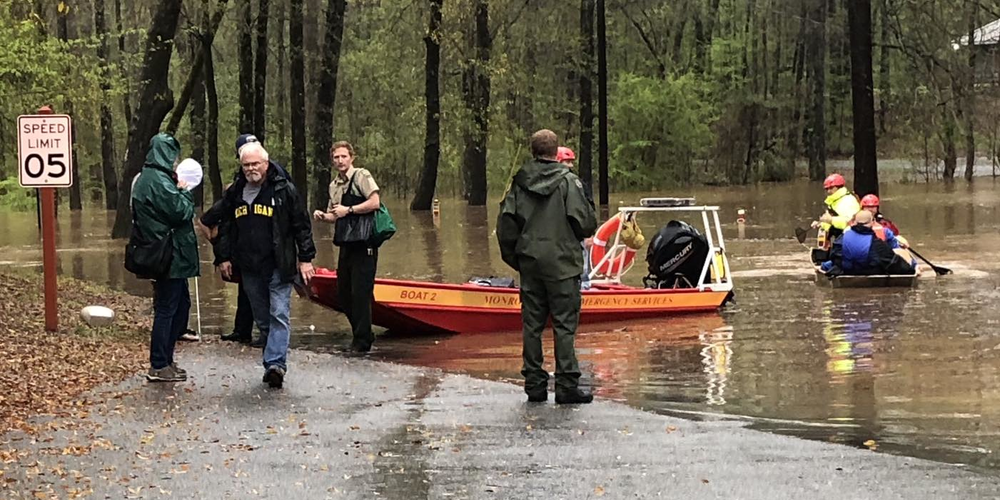 Campers are rescued by vessel due to rising water levels covering a roadway. Another 25 campsites' visitors at High Falls State Park were asked to relocate due to the water levels. There were no injuries and all campers were evacuated without incident.