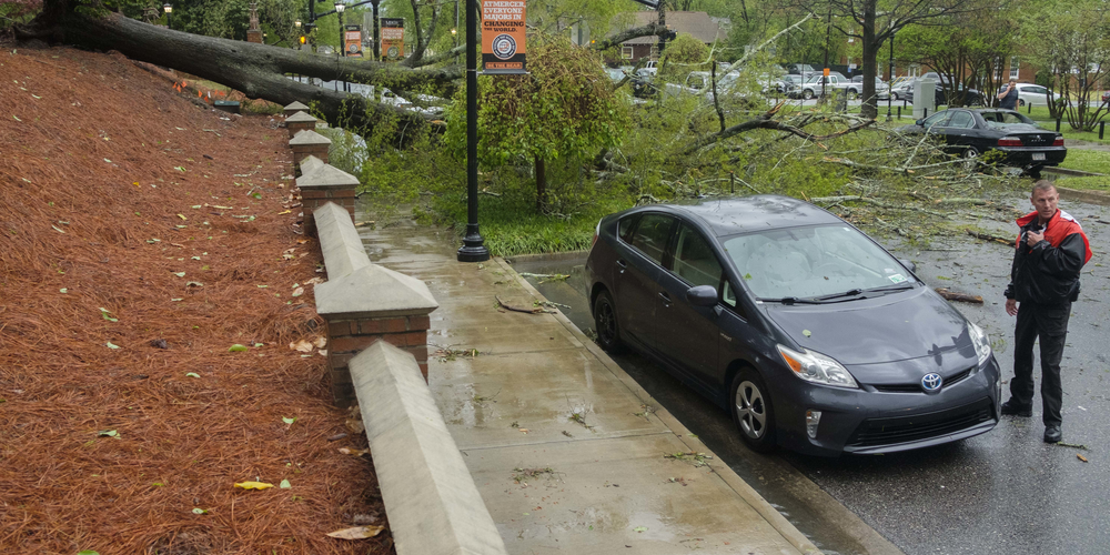 A large tree blocks a road near Mercer University after storms pass through Macon on March 27, 2023.