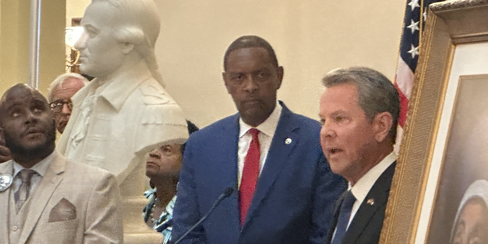 Vernon Jones (center) and Gov. Brian Kemp (right) are pictured at a tribute to Dr. Christine King Farris at the Georgia Capitol on July 14, 2023.