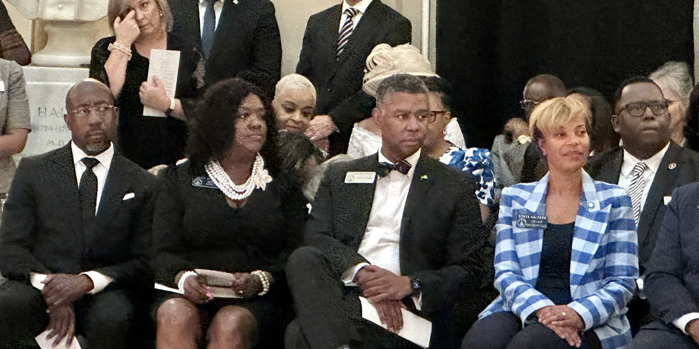 Sen. Raphael Warnock (left), state lawmakers and Atlanta City Council members paid tribute to Dr. Christine King Farris at the Georgia Capitol on July 14, 2023.