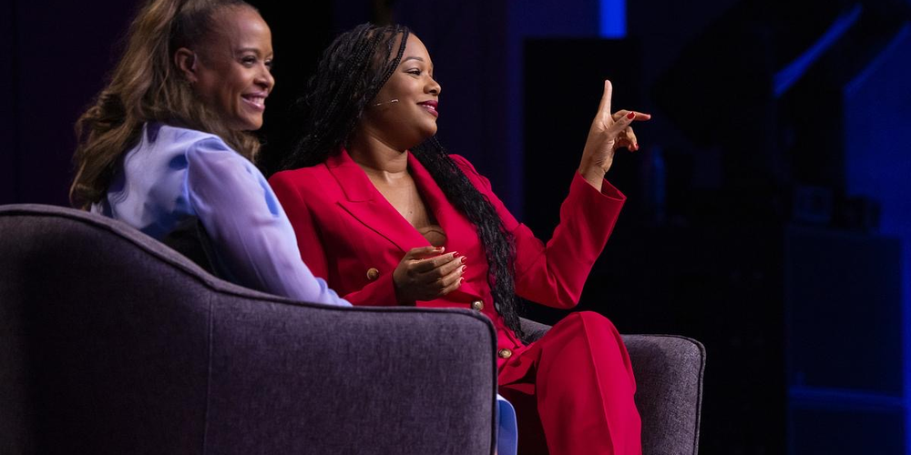 Melonie D. Parker and Sherrell Dorsey speak at TEDWomen on Oct. 13, 2023, in Atlanta.