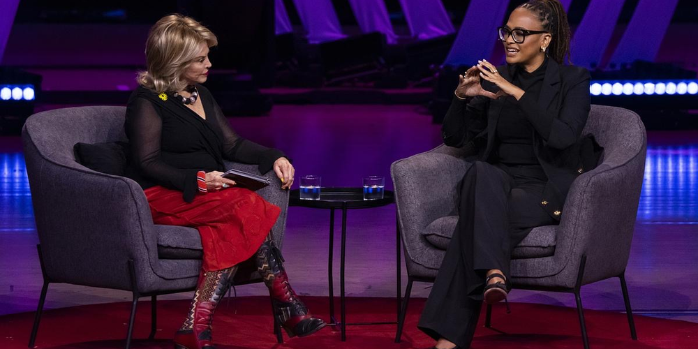 Host Pat Mitchell and Ava DuVernay speak at TEDWomen in Atlanta on Oct. 11, 2023.