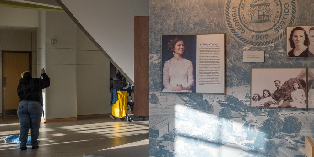 A tribute to Rosalynn Carter inside the Rosalynn Carter Health and Human Sciences Complex at Georgia Southwestern State University.