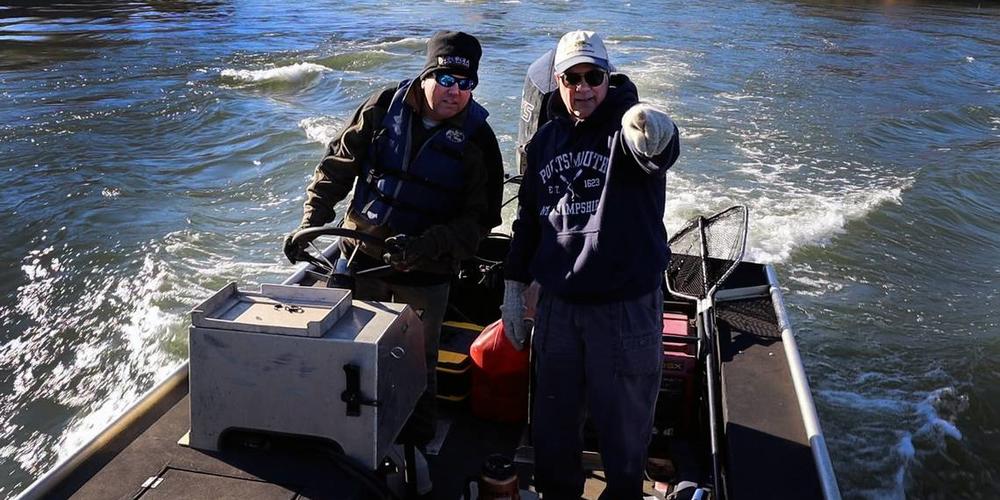 Dr. Steve Sammons of Auburn University and Travis Ingram of Department of Natural Resources search for good spots to begin electrofishing near the base of the waveshaper in the Chattahoochee River near Columbus, Ga. on Nov. 29, 2023.