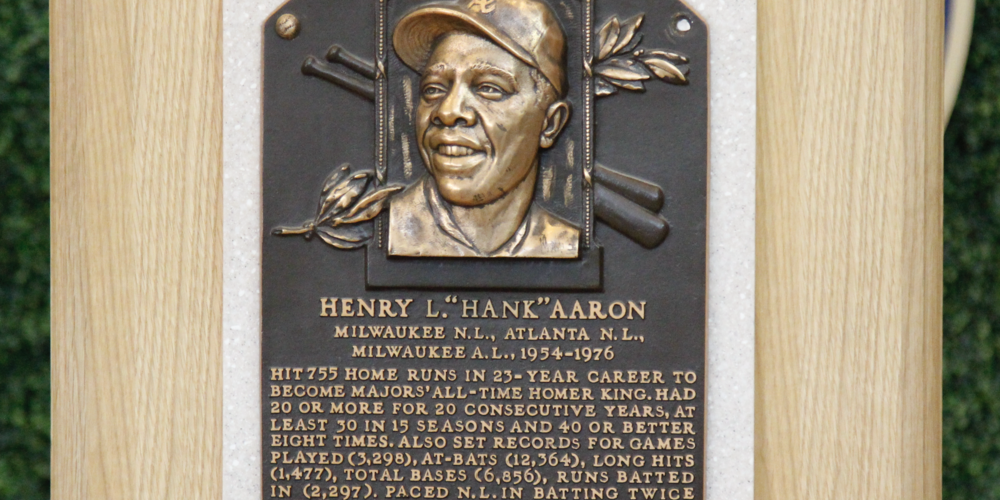 Hank Aaron's plaque on display, typically housed in the Baseball Hall of Fame