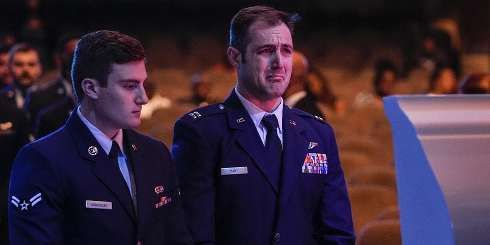 U.S. Air Force personnel stand near the coffin of slain airman Roger Fortson during his funeral at New Birth Missionary Baptist Church, Friday, May 17, 2024, near Atlanta.