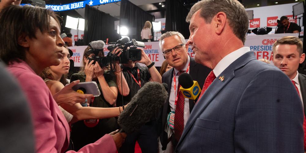 Georgia Governor Brian Kemp is interviewed at Georgia Tech's McCamish Pavilion on June 27, 2024.