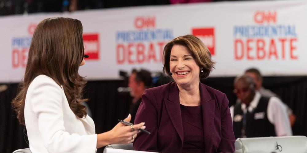 U.S. Senator from Minnesota, Amy Klobuchar, is interviewed by CNN's Kaiitlin Collins inside Georgia Tech's McCamish Pavilion on June 27, 2024.