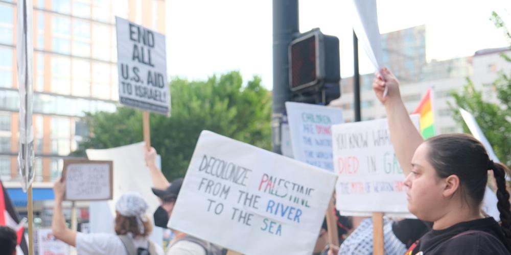 Protestors in support of Palestine rally in Midtown Atlanta on June 27, 2024.