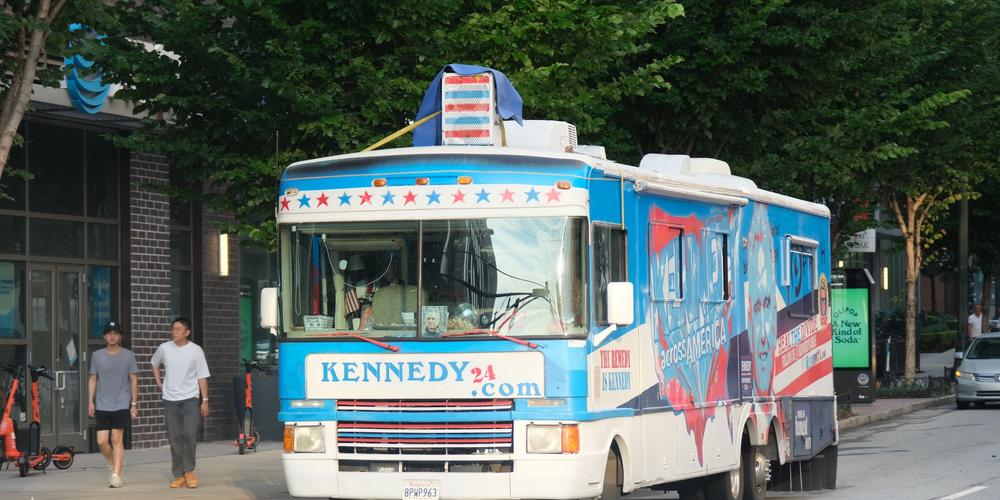 A campaign bus for Robert F Kennedy Jr. is parked in Midtown Atlanta on June 27, 2024.