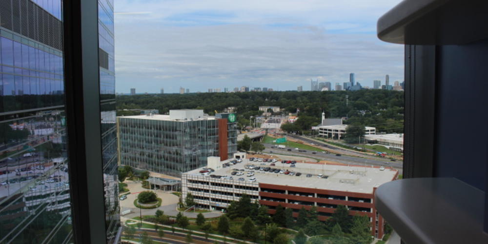 Outside view from inside the empty Children's Healthcare of Atlanta Arthur M. Blank Hospital on Aug. 6, 2024.