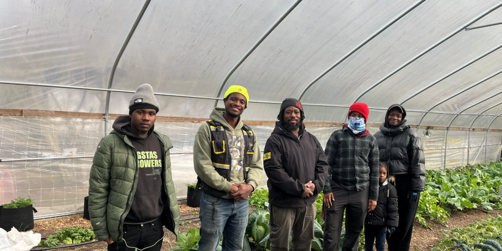 Participants in Gangstas to Growers stand in the greenhouse at Phoenix Garden in Lawrenceville, GA.