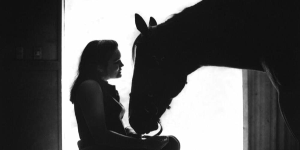 Silhouetted woman in wheelchair greeting a horse. Photography by Billy Howard