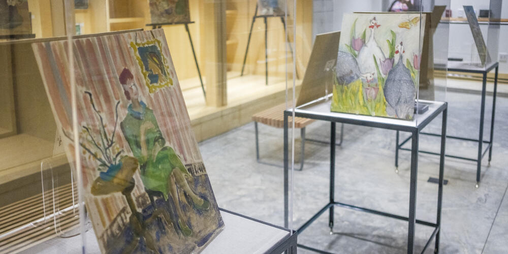 Portrait of a seated woman, left, and three guinea fowl, right, are among the previously unknown works by author Flannery O’Connor now on display in Milledgeville.