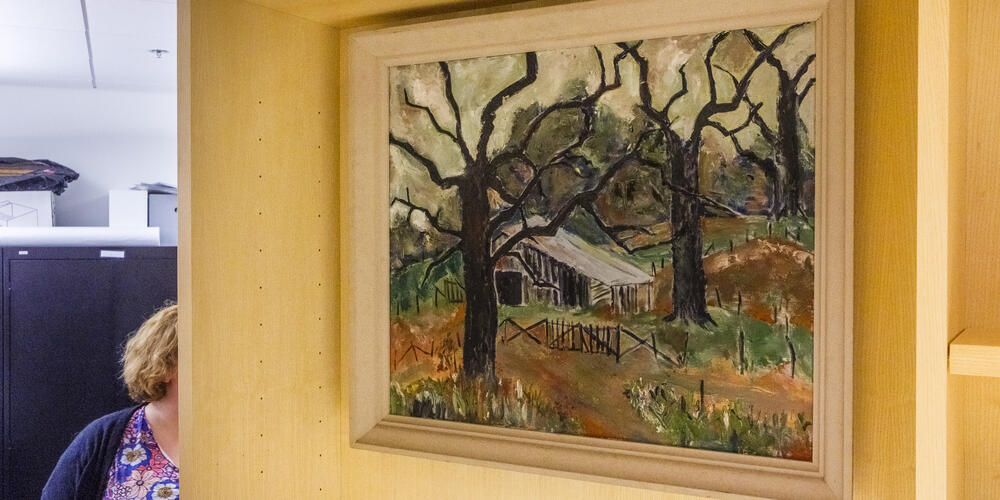 A painting by Flannery O’Connor of a barn still at Andalusia, the Milledgeville farm where O’Connor spent her adult life.