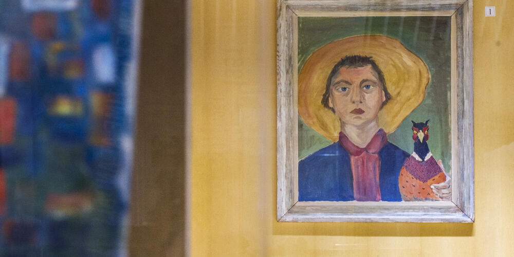 Flannery O’Connor’s portrait of herself with a pheasant, on display with many other paintings by the author often touted as the finest writer of the Southern Gothic, on the grounds of the farm in Milledgeville where she spent her adult life.