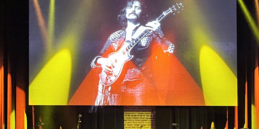 The late guitarist Dickey Betts (on screen) was honored by his son, Duane (on stage, fourth from left), Devon Allman (son of Gregg, second from left), and a long list of musicians associated with the Allman Brothers Band, on Feb. 28, 2025, in Macon, Ga.