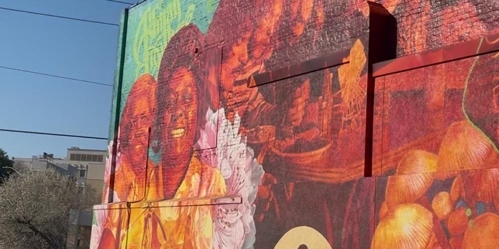 A mural featuring the Allman Brothers Band along with H&H Restaurant founders Mama Louise Hudson and Mama Inez Hill, is shown in the morning sun on March 1, 2025.