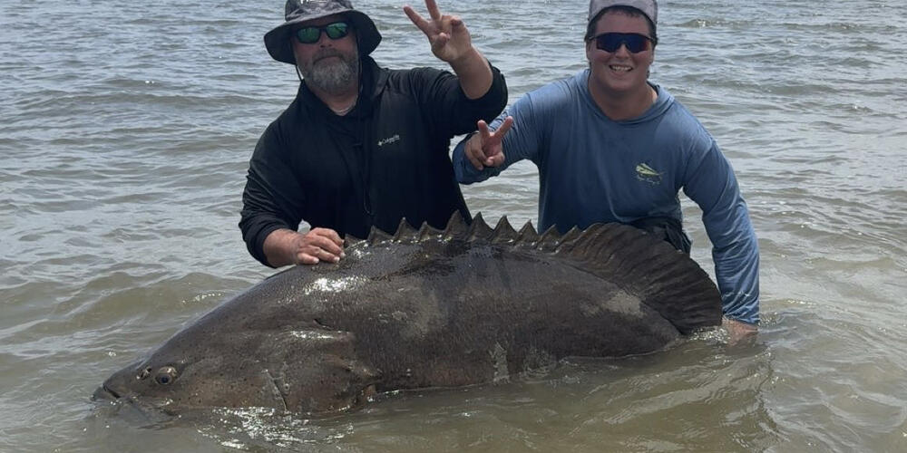 Seth Silverstein and Robert Turybury pose next to a goliath grouper that Turybury caught along the beach of St. Simons Island on June 7.