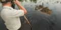 Methane gas bubbles up from beneath the peat as Michael Lusk prods the bottom with a long pole. Credit: Justin Taylor