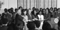 The White House was the scene of a reception to honor friends of the Martin Luther King Jr. Center for Social Change in Washington on Oct. 3, 1978. Singing at the reception are from left, Dr. Martin Luther King Sr., Rosalynn Carter, President Jimmy Carter, Coretta Scott King, Christine Parris King, sister of the late Dr. King, and Andrew Young, U.N. Ambassador. 