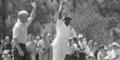 Jack Nicklaus throws up his putter as his caddy, Willie Peterson leaps into the air after his putt sank for a birdie on the first hole at Augusta, Ga., April 11, 1971, during the Masters Golf Tournament. With this putt Nicklaus took the lead of the final round with 8-under-par. (AP Photo/Perry Aycock)