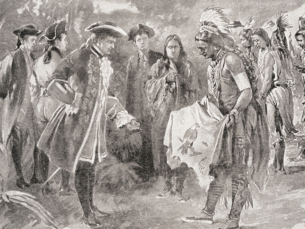 Illustration of settlers and Creek people meeting